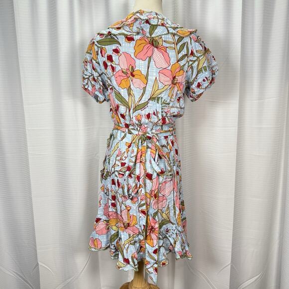 Poupette St. Barth Size Large Aude Wrap Mini Dress Blue Floral Ruffle Feminine - Picture 6 of 12